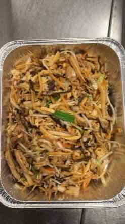 Catering tray of shredded vegetables stir-fried with bean sprouts, bamboo shoots, wood ear mushroom, napa cabbage, carrot, egg and shredded meat
